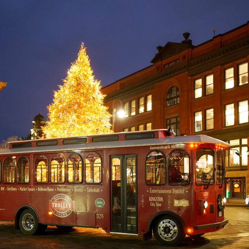 A vibrant red trolley with Kingston Trolley Tours written on the side stands in front of a beautifully adorned Christmas tree, evoking a cheerful holiday atmosphere.