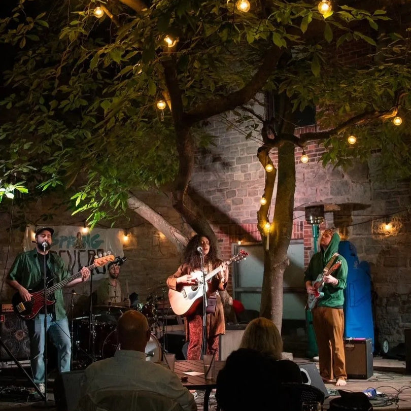 Band performing under string lights in a rustic outdoor setting