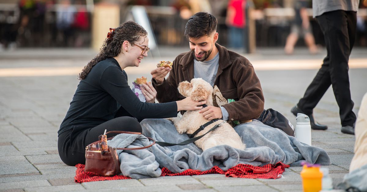 A couple sits on a blanket, enjoying food with a dog.