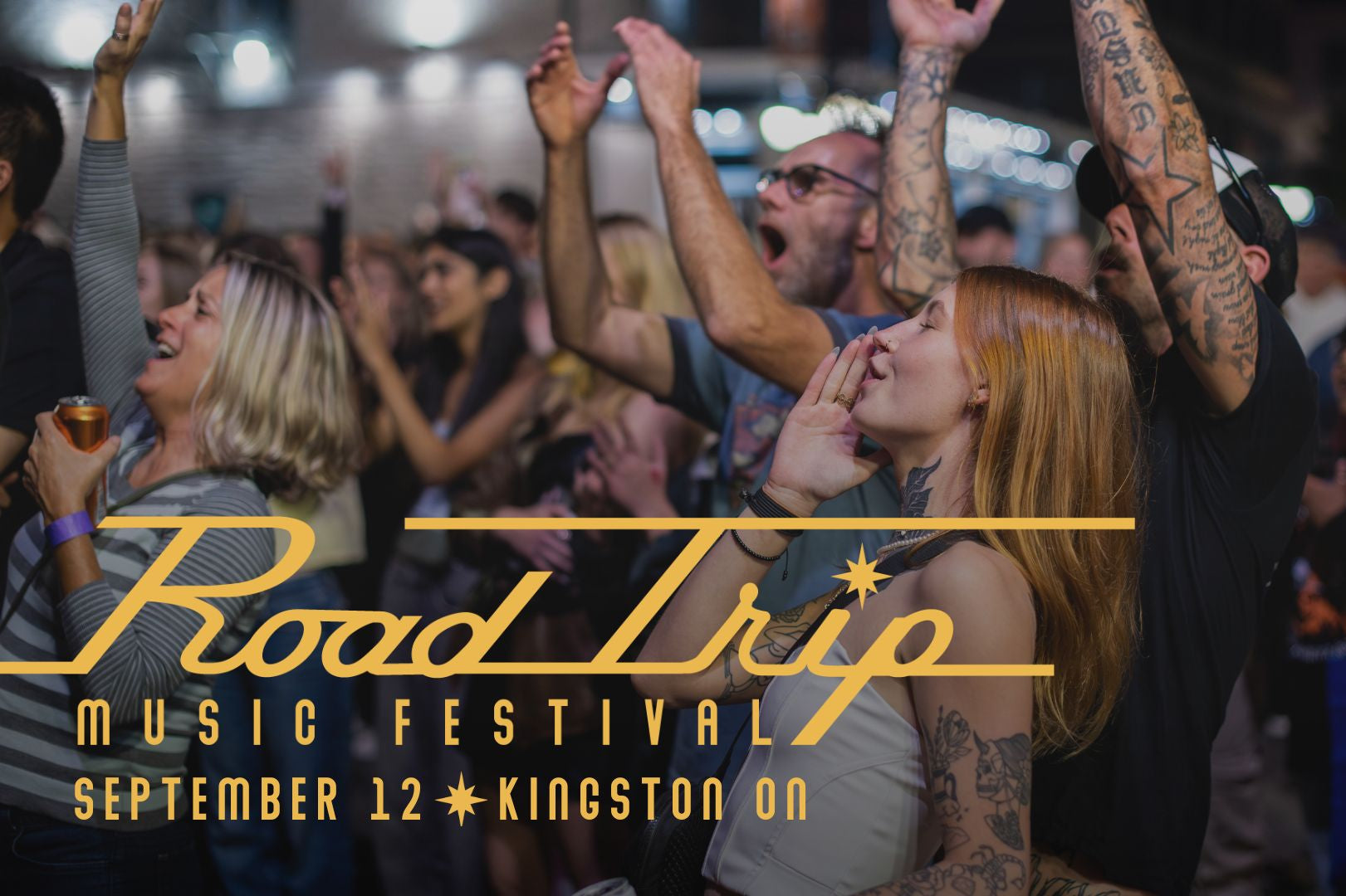 People at a music festival with 'Road Trip Music Festival' branding.